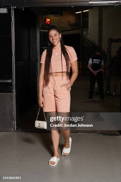 Natalie Achonwa of the Minnesota Lynx arrives to the arena before the game against the Phoenix Mercury on July 12, 2022 at the Target Arena in...