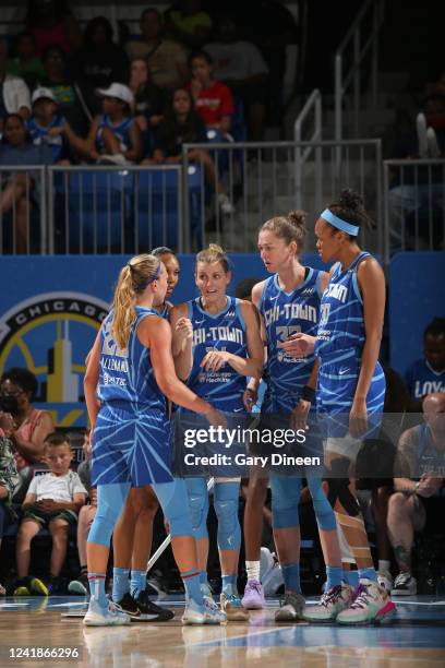 The Chicago Sky huddle up during the game against the Atlanta Dream on July 12, 2022 at the Wintrust Arena in Chicago, Illinois. NOTE TO USER: User...