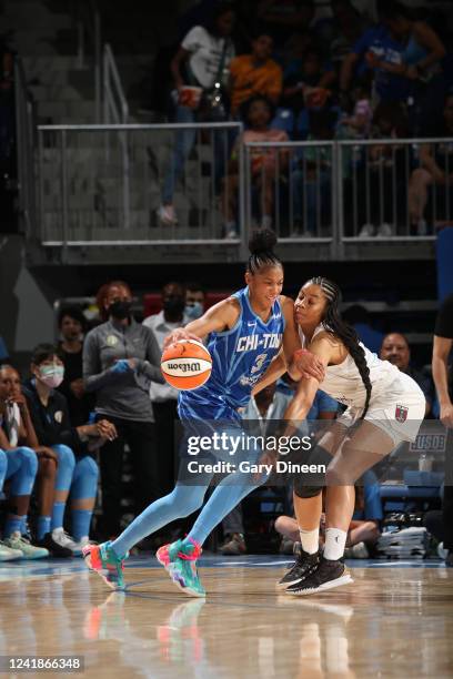 Candace Parker of the Chicago Sky drives to the basket during the game against the Atlanta Dream on July 12, 2022 at the Wintrust Arena in Chicago,...