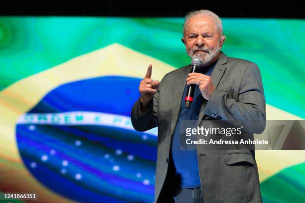 Brazilian leftist presidential pre-candidate Lula Da Silva speaks during a campaign rally at Centro de Convenções Ulysses Guimarães on July 12, 2022...