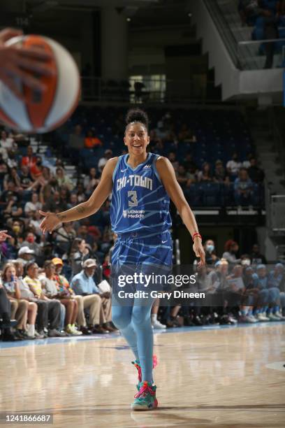 Candace Parker of the Chicago Sky smiles during the game against the Atlanta Dream on July 12, 2022 at the Wintrust Arena in Chicago, Illinois. NOTE...