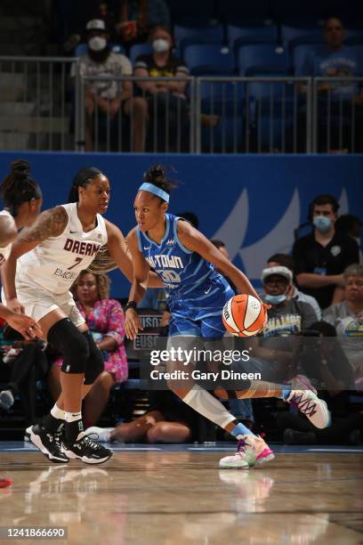 Azurá Stevens of the Chicago Sky dribbles the ball during the game against the Atlanta Dream on July 12, 2022 at the Wintrust Arena in Chicago,...