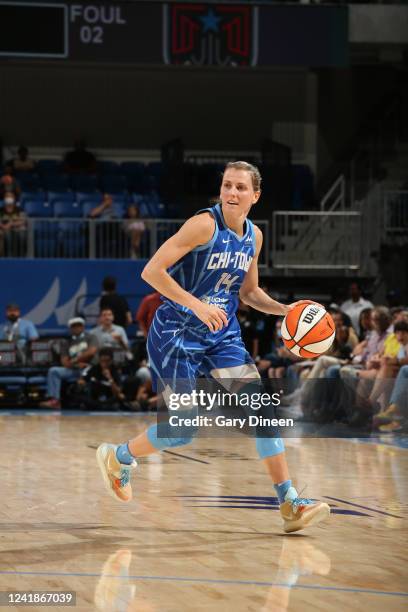 Allie Quigley of the Chicago Sky dribbles the ball during the game against the Atlanta Dream on July 12, 2022 at the Wintrust Arena in Chicago,...