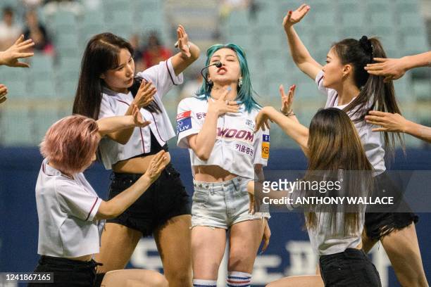 In this photo taken on June 17 Korean-American K-pop star AleXa , who recently won the American Song Contest, and her dancers perform her song...