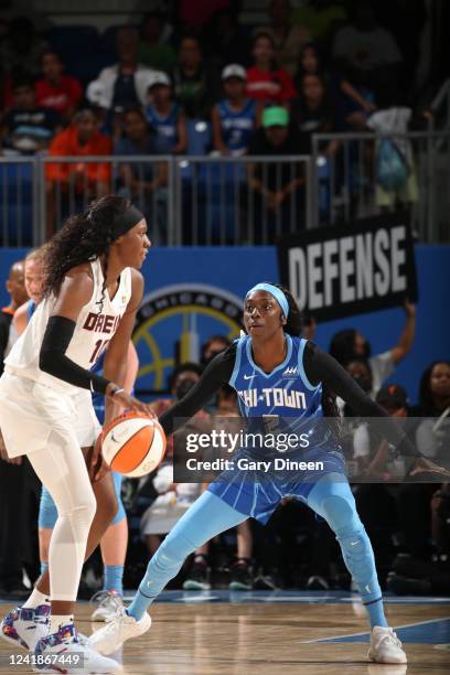 Kahleah Copper of the Chicago Sky plays defense during the game against the Atlanta Dream on July 12, 2022 at the Wintrust Arena in Chicago,...