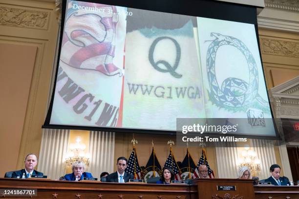 QAnon imagery appears on a screen during the Select Committee to Investigate the January 6th Attack on the United States Capitol hearing to present...