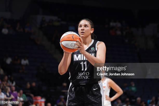 Natalie Achonwa of the Minnesota Lynx prepares to shoot a free throw during the game against the Phoenix Mercury on July 12, 2022 at the Target Arena...