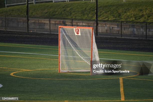 General view of a goal during a women's college lacrosse game between the Boston College Eagles and Harvard Crimson on April 12, 2022 at Jordan Field...