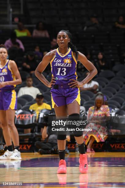Chiney Ogwumike of the Los Angeles Sparks looks on during the game against the Washington Mystics on July 12, 2022 at Crypto.com Arena in Los...