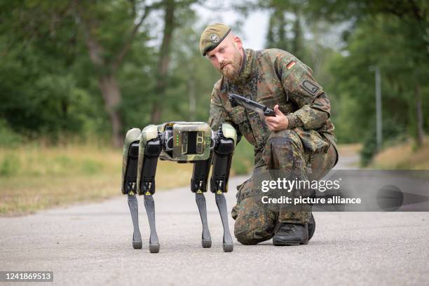 July 2022, Lower Saxony, Munster: Sergeant Wohltmann hires the Bundeswehr robot dog Wolfgang 001. Photo: Mohssen Assanimoghaddam/dpa