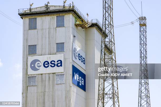 This photograph taken on July 12, 2022 shows the launch area of the Vega-C assembled to the launcher's nose cone with a metal sphere, LARES-2, to...