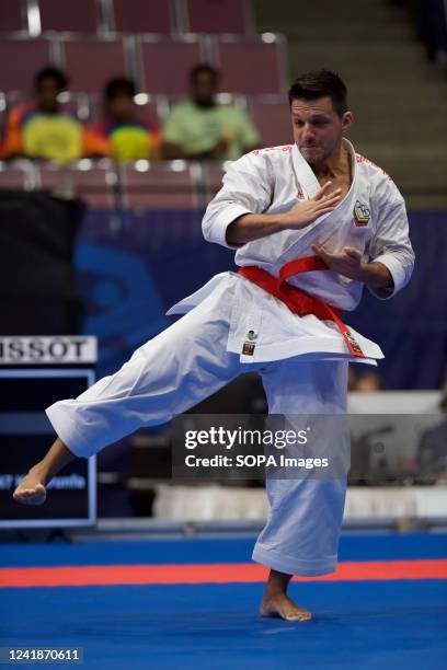 Antonio Diaz from Venezuela performs a low kick during Karate competition with Kata demonstration at The World Games 2022 in Birmingham. The games...