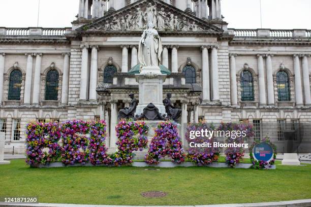 Floral display reading "Belfast" outside City Hall in Belfast, Northern Ireland, UK, on Wednesday, July 6, 2022. The European Union's chief Brexit...