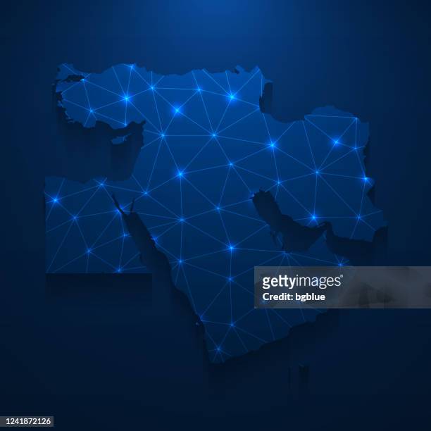 middle east map network - bright mesh on dark blue background - turkey middle east stock illustrations