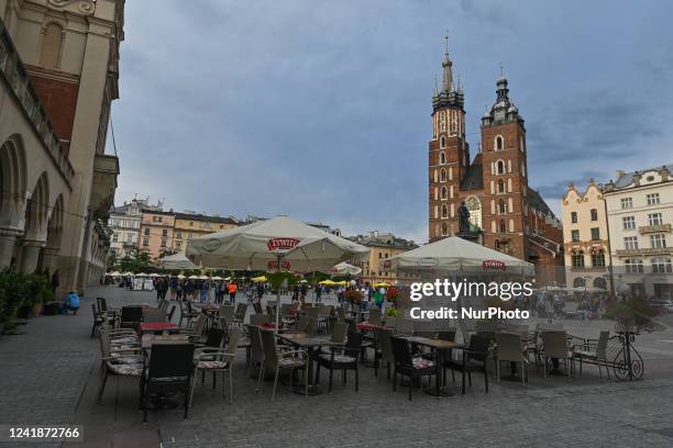 View of an almost empty restaurant near Sukiennice in Krakow's Old Town. On Tuesday, July 12 in Krakow, Poland.