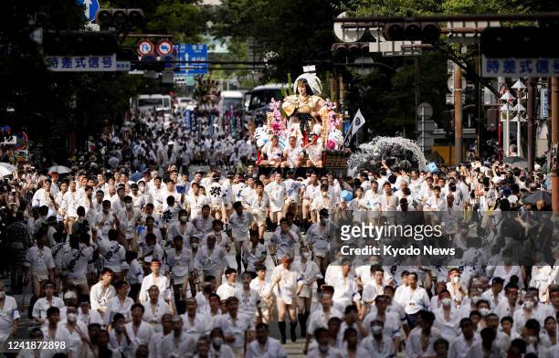 Decorated float for the Hakata Gion Yamakasa festival is displayed in Fukuoka, southwestern Japan, on July 13 ahead of the July 15 climax of the...