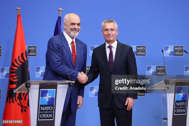 Secretary General Jens Stoltenberg and Albanian Prime Minister Edi Rama hold a joint press conference after their meeting in Brussels, Belgium on...