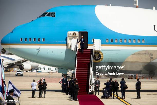 President Joe Biden descends from Air Force One at Ben Gurion International Airport during Biden's visit to Israel on July 13, 2022 in Lod, Israel....