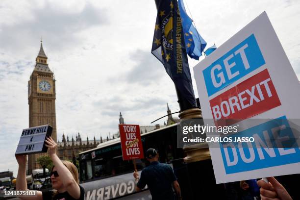 Anti-Brexit and anti-Conservative government protests demonstrate outside the Houses of Parliament during Prime Minister's Questions , opposite the...