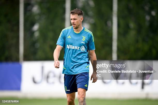 Aaron Ramsey of Juventus during a training session at JTC on July 13, 2022 in Turin, Italy.