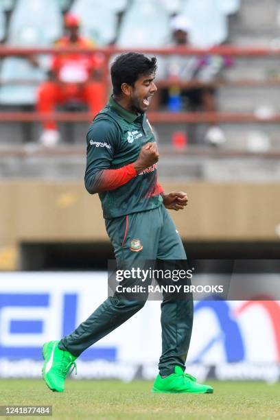 Mehidy Hasan Miraz of Bangladesh celebrates the dismissal of Romario Shepherd of West Indies during the 2nd ODI match between West Indies and...