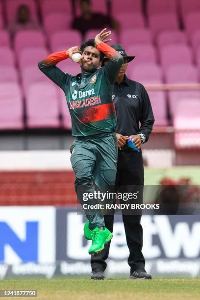 Mehidy Hasan Miraz of Bangladesh bowls during the 2nd ODI match between West Indies and Bangladesh at Guyana National Stadium in Providence, Guyana,...