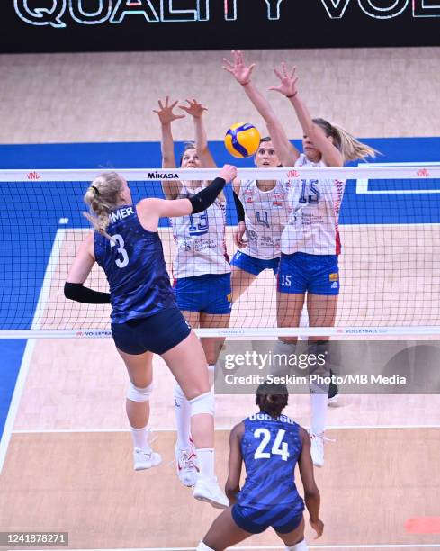 Kathryn Plummer , Chiaka Ogbogu of USA and Bojana Drca , Ana Bjelca , Jovana Stevanovic during the Womens Volleyball Nations League Quarter Final...