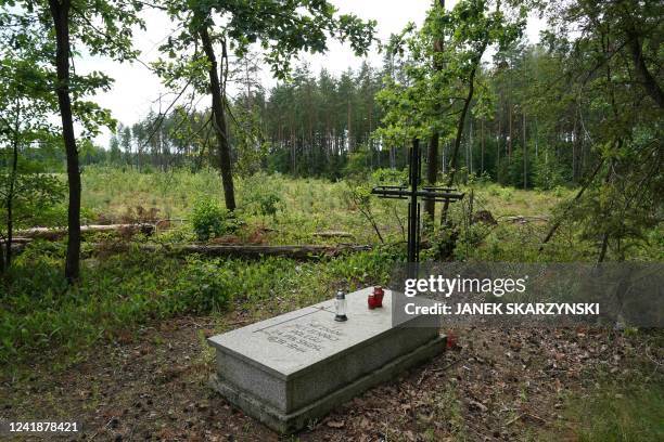 Symbolic grave in the Bialucki Forest near Ilowo on July 13, 2022 the site where the mass grave of about 8,000 Geman Nazi victims from the nearby...