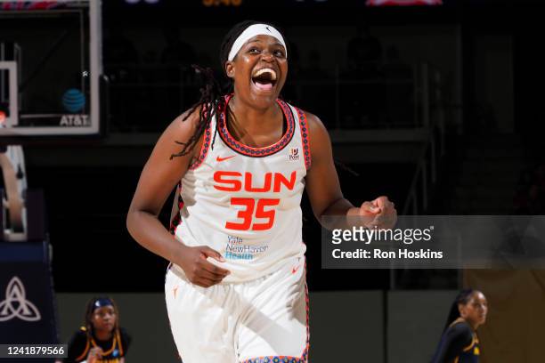Jonquel Jones of the Connecticut Sun smiles during the game against the Indiana Fever on July 13, 2022 at Gainbridge Fieldhouse in Indianapolis,...
