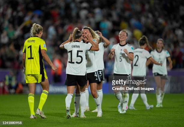 Lena Lattwein of Germany and Giulia Gwinn of Germany end of game celebration during the UEFA Women's Euro England 2022 group B match between Germany...