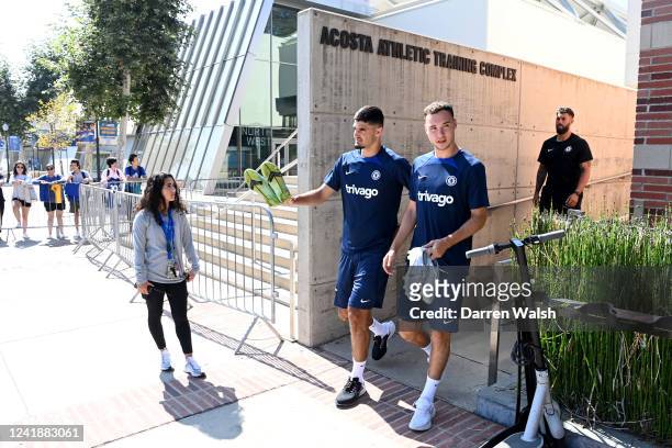 Armando Broja and Harvey Vale of Chelsea before a training session at Drake Stadium UCLA Campus on July 13, 2022 in Los Angeles, California.