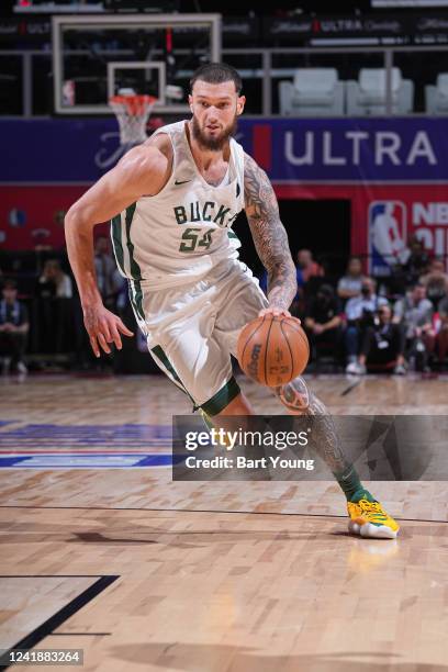 Sandro Mamukelashvili of the Milwaukee Bucks drives to the basket against the Minnesota Timberwolves during the 2022 Las Vegas Summer League on July...