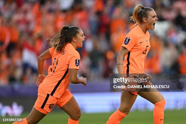 Netherlands' midfielder Jill Roord celebrates scoring an eventually disallowed goal during the UEFA Women's Euro 2022 Group C football match between...