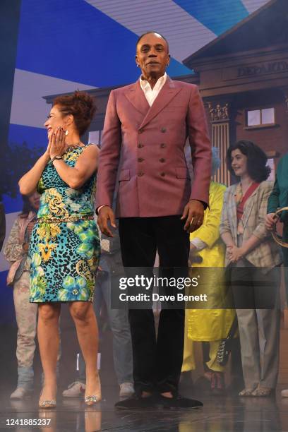 Original "Jennifer Parker" Claudia Wells and Original "Goldie Wilson" Donald Fullilove pose onstage at the West End production of "Back To The...