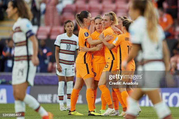 July: Jill Jamie Roord of Netherlands celebrates after scoring her sides first goal during the UEFA Women's Euro England 2022 group C match between...