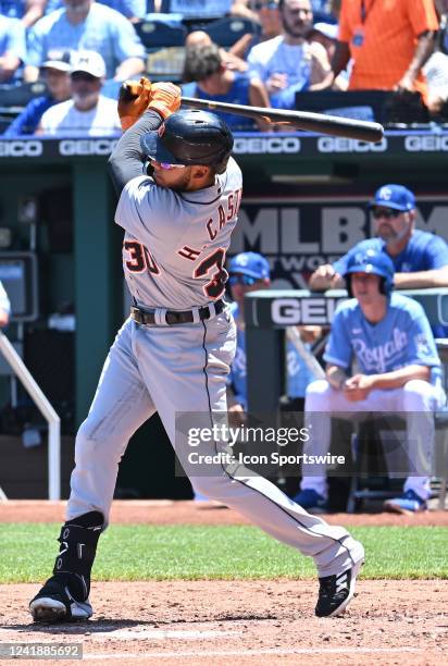 Detroit Tigers designated hitter Harold Castro singles in the fourth inning during a MLB game between the Detroit Tigers and the Kansas City Royals...