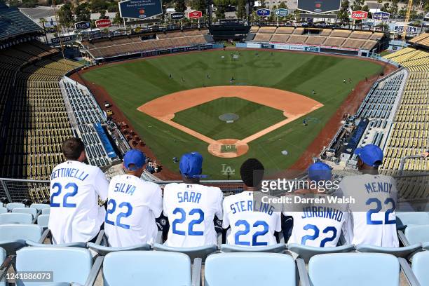 Marcus Bettinelli, Thiago Silva, Malang Sarr, Raheem Sterling, Jorginho and Edouard Mendy of Chelsea during a visit to Dodger Stadium on July 13,...
