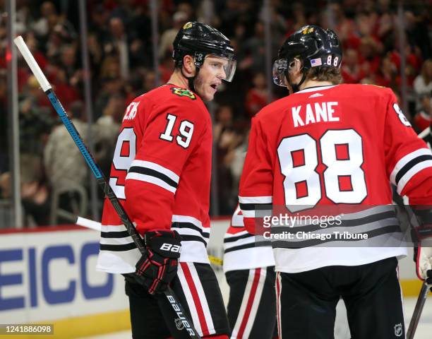 Chicago Blackhawks center Jonathan Toews celebrates his goal with Patrick Kane against the Toronto Maple Leafs in the first period Sunday, Nov. 10 at...