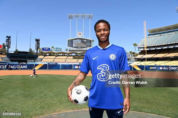 Raheem Sterling of Chelsea during a visit to Dodger Stadium on July 13, 2022 in Los Angeles, California.