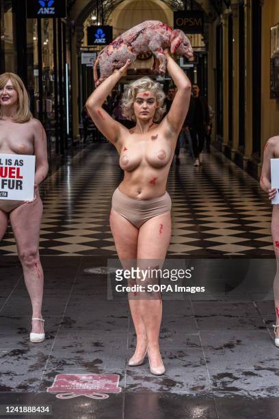 Model influencer Stefania Ferrario stages a semi-nude protest about the treatment of Sheep by the Wool industry outside of Royal Arcade in the middle...