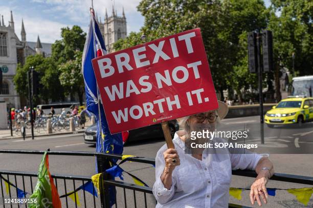 Protester is holding a placard that says "Brexit was not worth it" during the demonstration. A small group of anti-Tory protesters staged a protest...