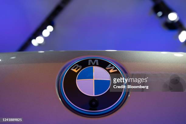 Logo on a BMW AG i7 electric vehicle luxury sedan displayed during the press day at the 2022 Busan International Motor Show in Busan, South Korea, on...
