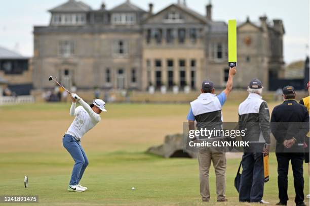 Australia's Min Woo Lee plays from the 18th tee during his opening round 69 on the first day of The 150th British Open Golf Championship on The Old...