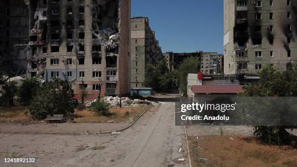 View of damaged sites from eastern Ukraine city of Severodonetsk located in which Russian forces now in control, in Luhansk Oblast, Ukraine on July...