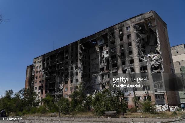 View of damaged sites from eastern Ukraine city of Severodonetsk located in which Russian forces now in control, in Luhansk Oblast, Ukraine on July...