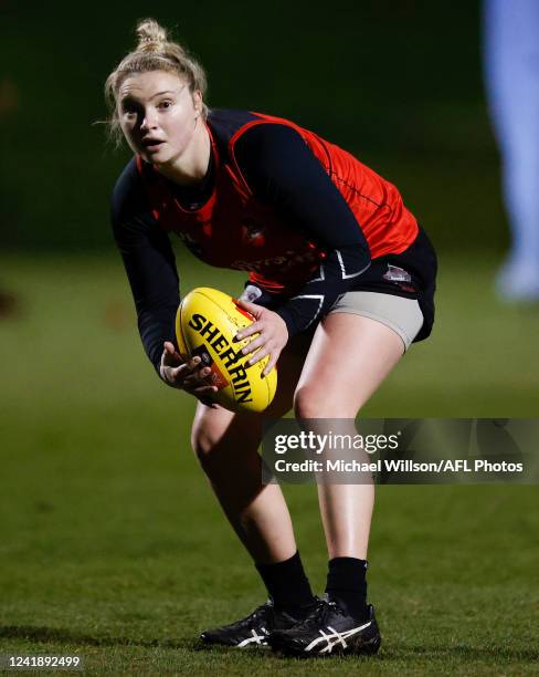 Daria Bannister of the Bombers in action during the Essendon Bombers AFLW training session at The Hangar on July 14, 2022 in Melbourne, Australia.