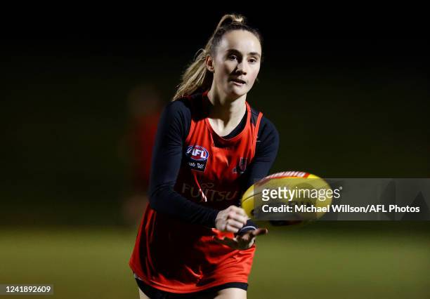 Georgia Gee of the Bombers in action during the Essendon Bombers AFLW training session at The Hangar on July 14, 2022 in Melbourne, Australia.