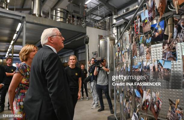 German President Frank-Walter Steinmeier and Rhineland-Palatinate's State Premier Malu Dreyer look at photos taken during the floods which that have...