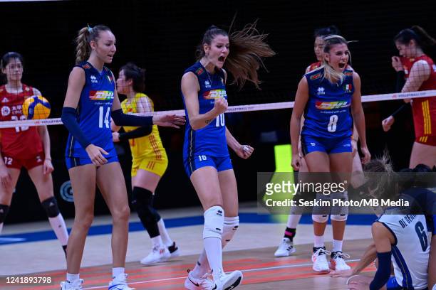 Elena Pietrini , Christina Chirichella and Alessia Orro of Italy during the Women's Volleyball Nations League Quarter Final match between Italy and...