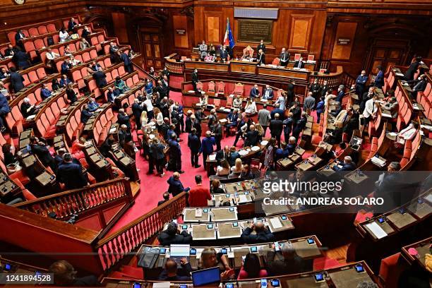 General view shows the Italian Senate hall before a vote of confidence to the prime minister at Palazzo Madama in Rome, on July 14, 2022. - Italy's...